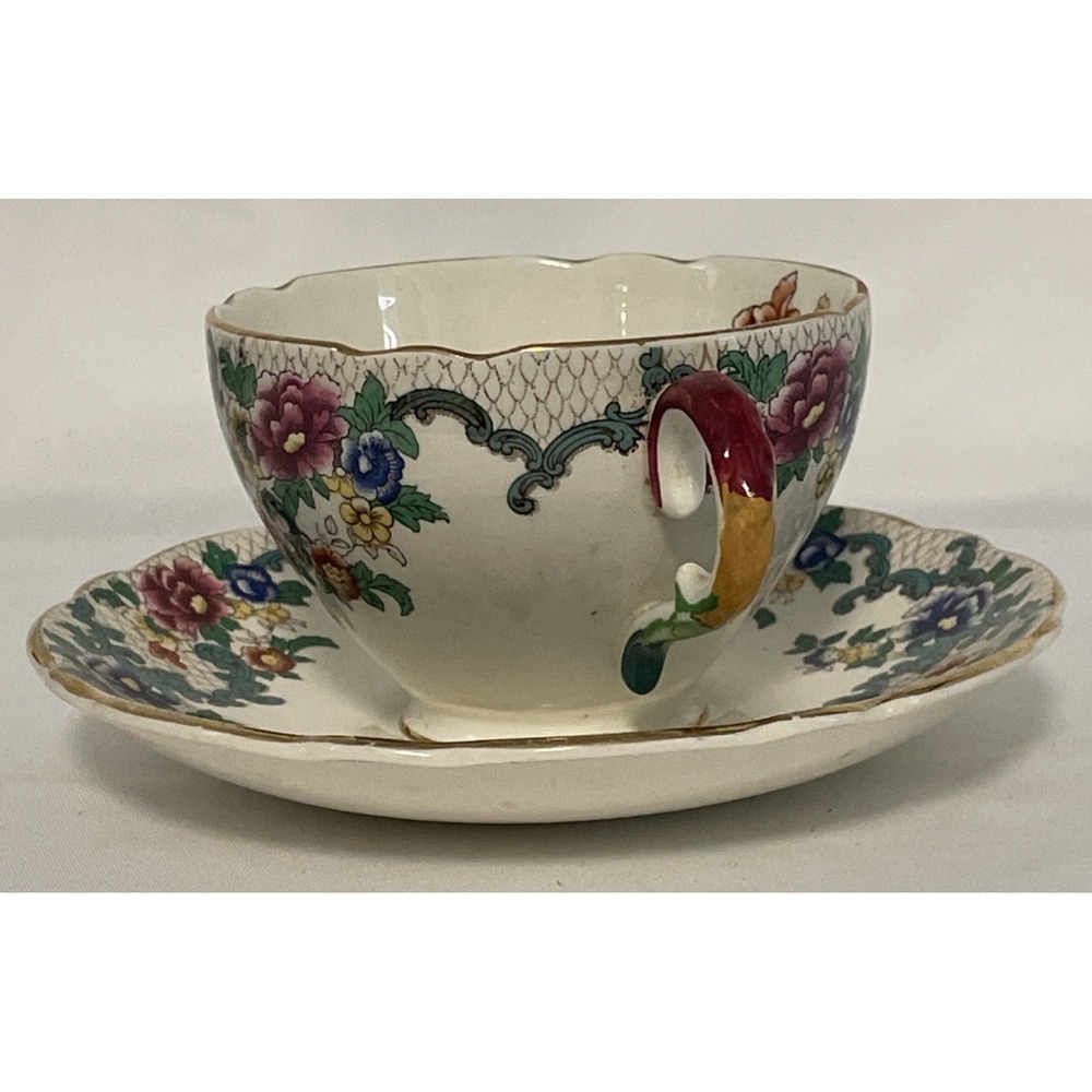 Vintage Royal Cauldon Victoria 2 Cups & Saucers Scalloped 22k Gold Edging Floral - Picture 6 of 16